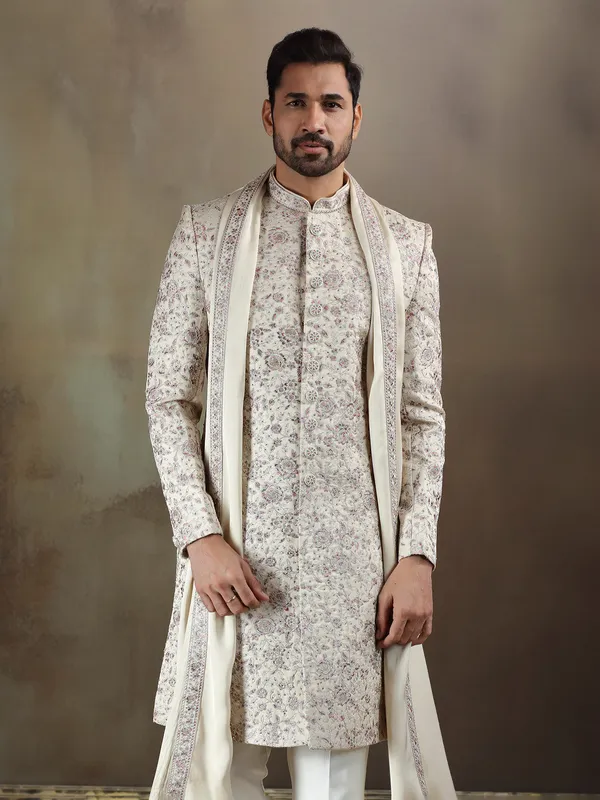 Beige tava silk sherwani with dupatta for mens