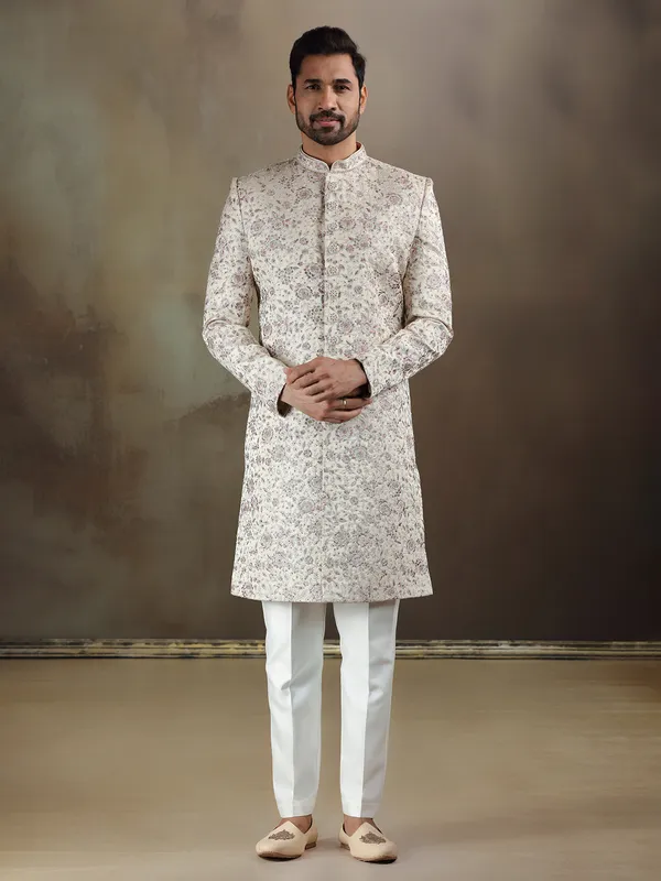Beige tava silk sherwani with dupatta for mens