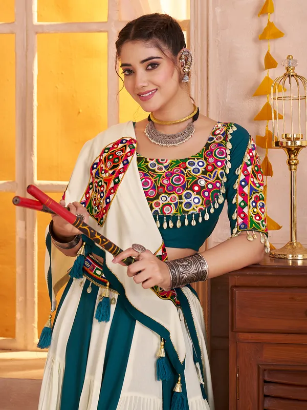 Beige teal blue enchanting navratri chaniya choli