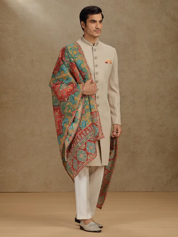 Beige terry rayon indo western for wedding wear