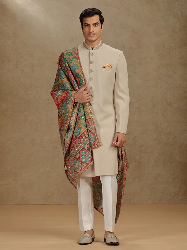 Beige terry rayon indo western for wedding wear