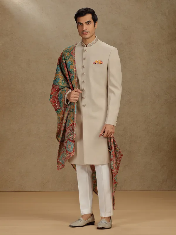 Beige terry rayon indo western for wedding wear