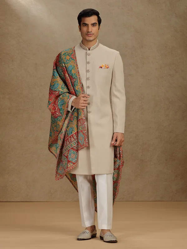 Beige terry rayon indo western for wedding wear