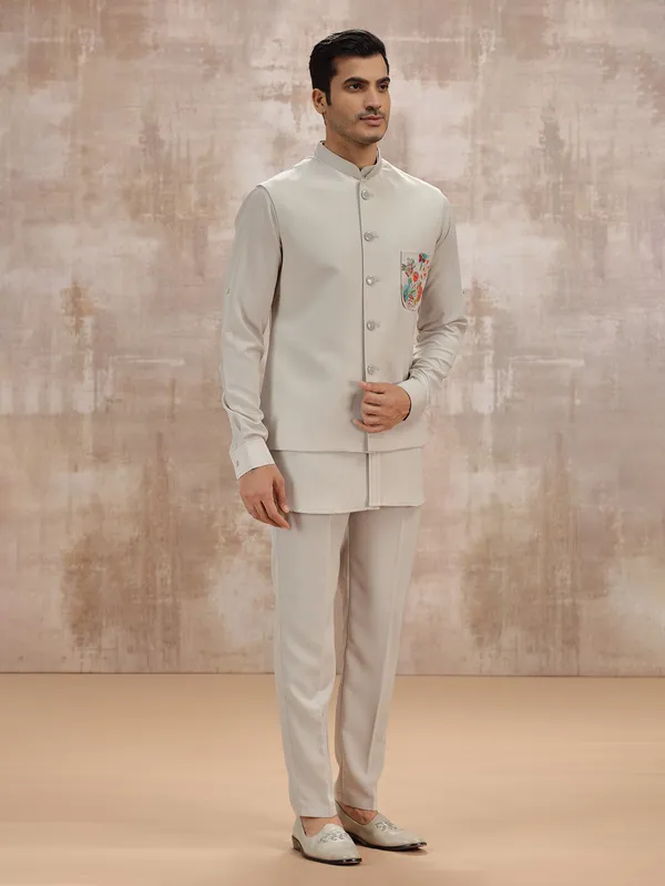 Beige terry rayon mens waistcoat set