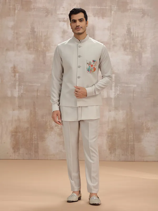 Beige terry rayon mens waistcoat set