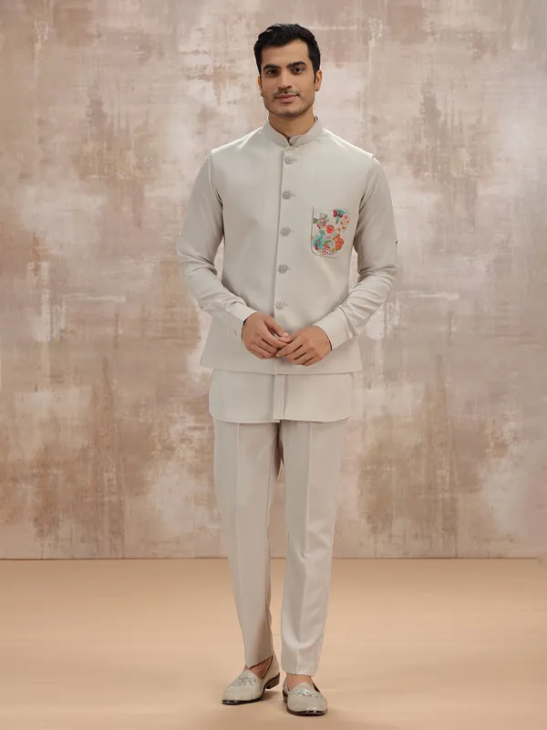 Beige terry rayon mens waistcoat set