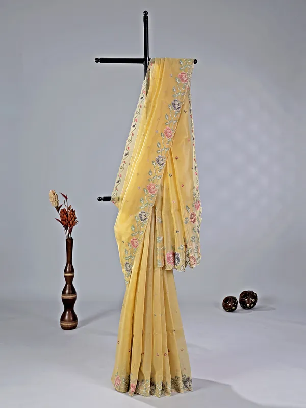 Beige thread worked cotton silk saree