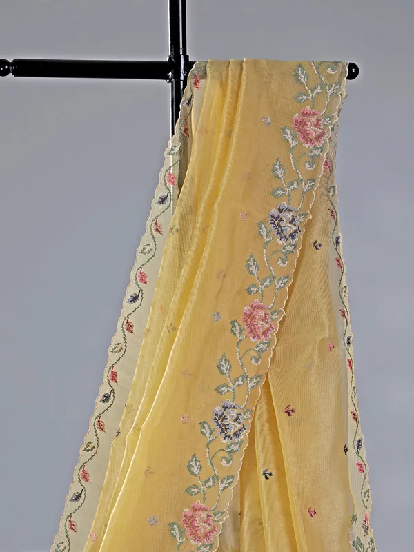 Beige thread worked cotton silk saree