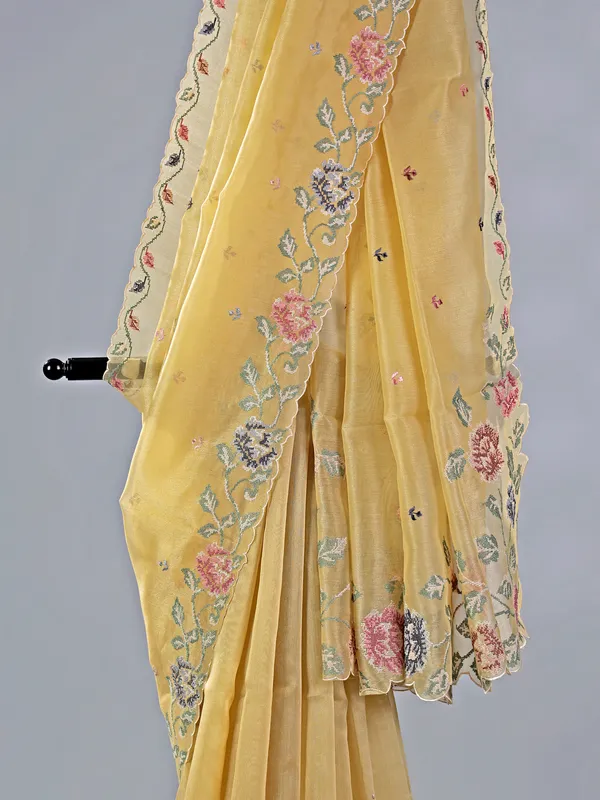 Beige thread worked cotton silk saree