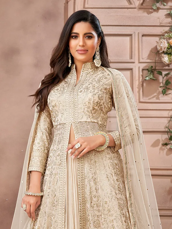 Beige tissue georgette lehenga suit
