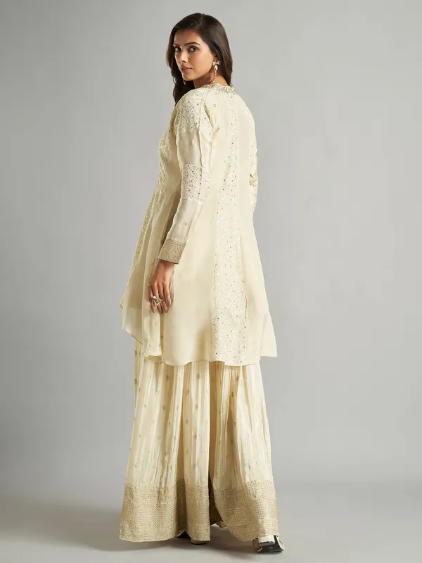 Beige tissue silk jacket style palazzo suit