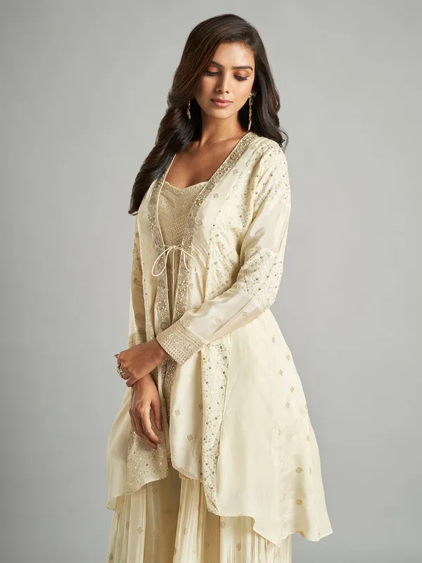 Beige tissue silk jacket style palazzo suit