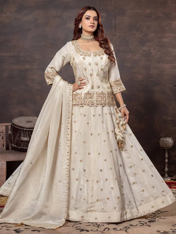 Beige tissue silk lehenga choli with round neck