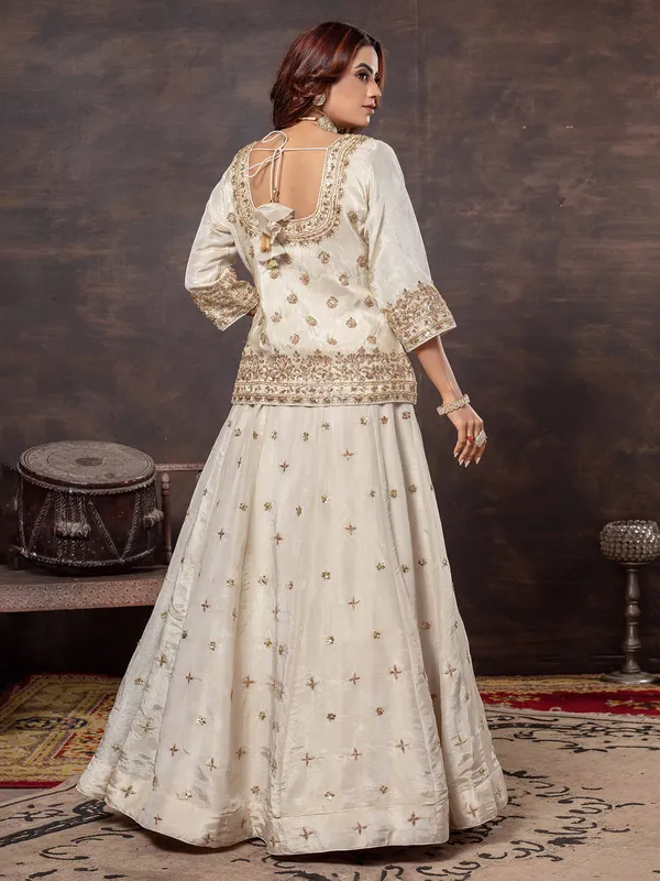 Beige tissue silk lehenga choli with round neck