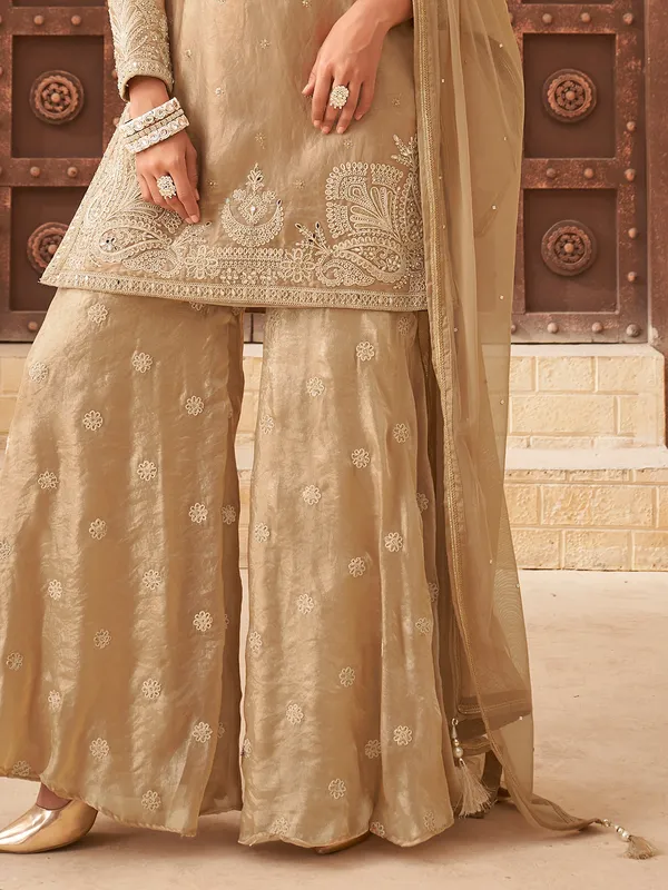 Beige tissue silk mirror work palazzo suit