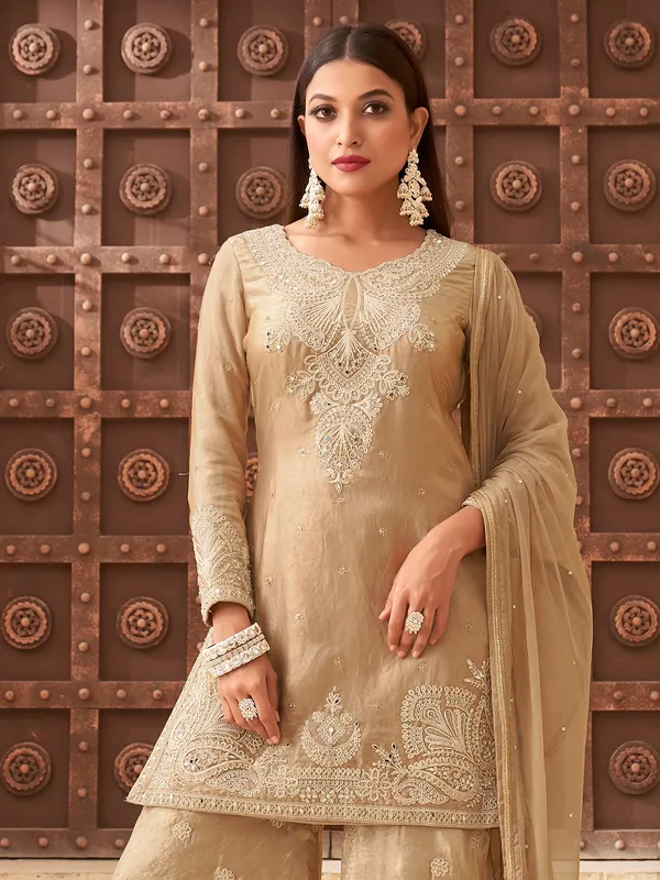 Beige tissue silk mirror work palazzo suit