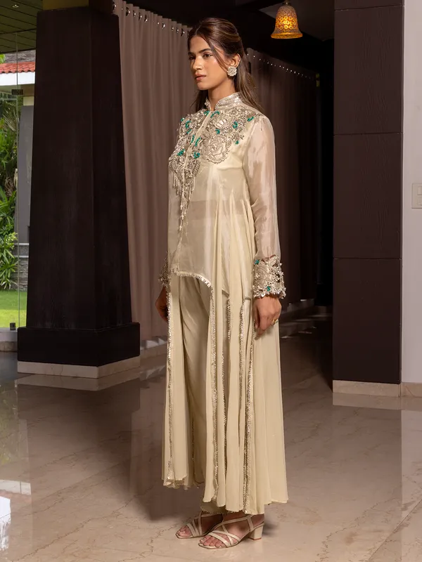Beige tissue silk palazzo suit for women
