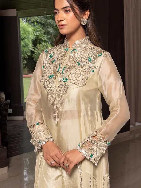 Beige tissue silk palazzo suit for women