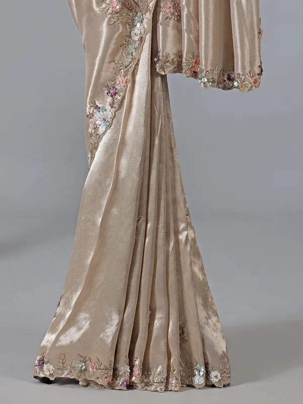 Beige tissue silk party wear embellished saree