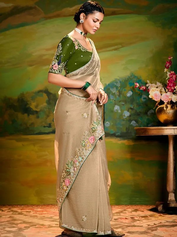 Beige tissue silk saree for party