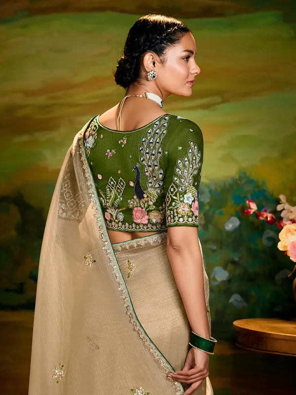 Beige tissue silk saree for party