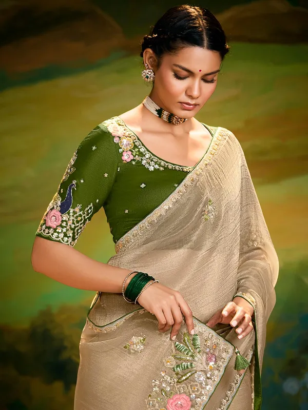 Beige tissue silk saree for party