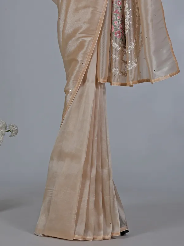 Beige tissue silk saree with birds and flowers