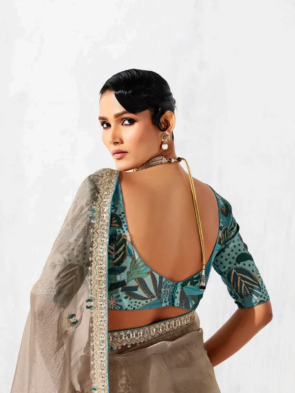 Beige tissue silk saree with resham detailing