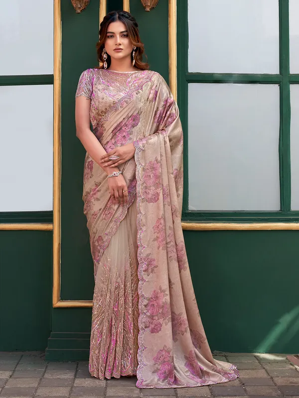 Beige velvet saree with soft print and sparkle