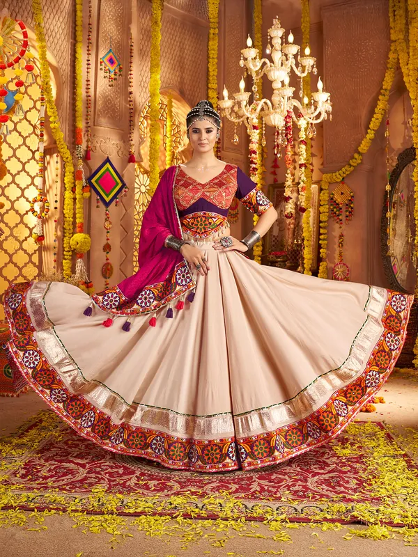 Beige viscose rayon navratri lehenga choli set