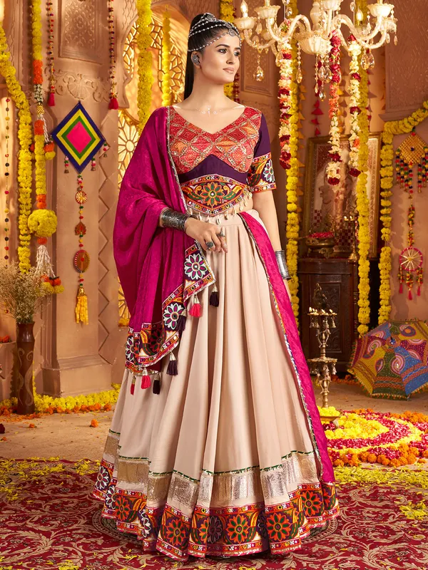 Beige viscose rayon navratri lehenga choli set