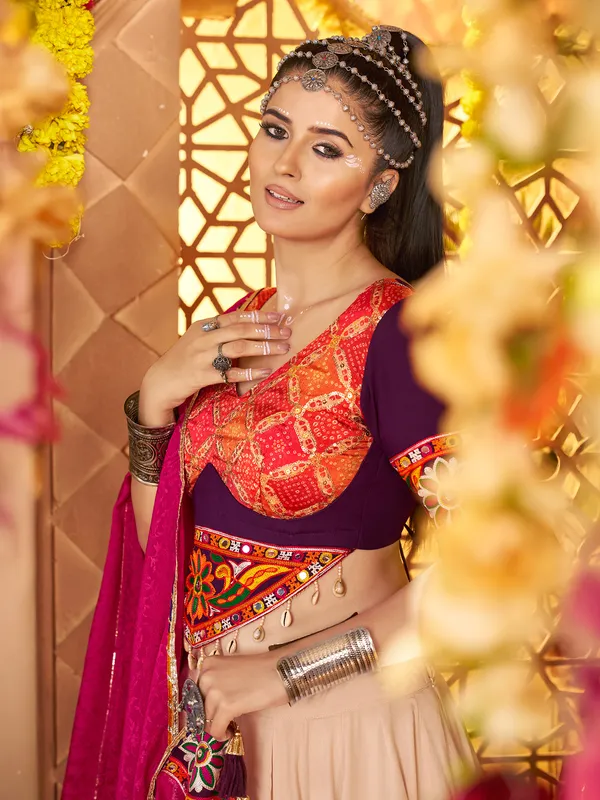 Beige viscose rayon navratri lehenga choli set