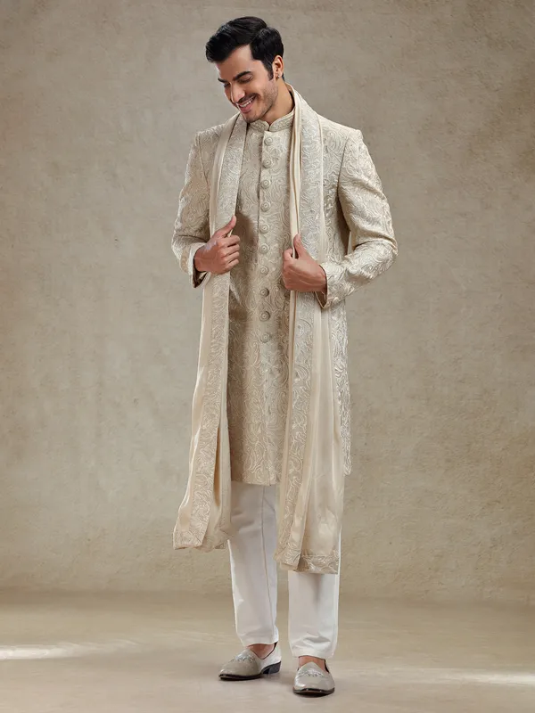 Beige wedding style sherwani set with dupatta