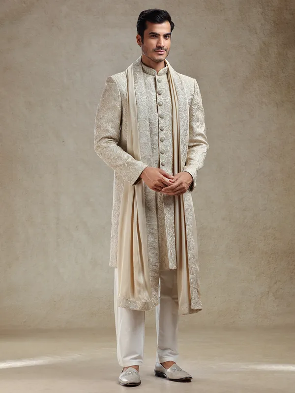 Beige wedding style sherwani set with dupatta