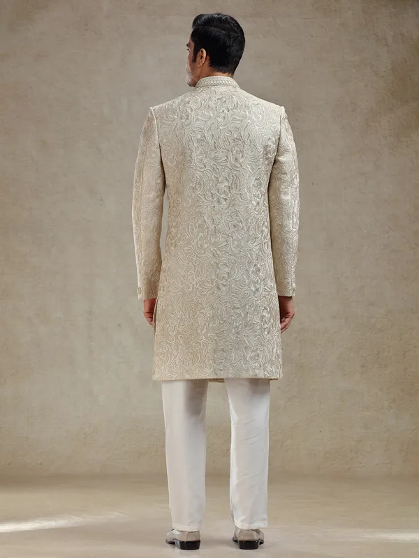 Beige wedding style sherwani set with dupatta