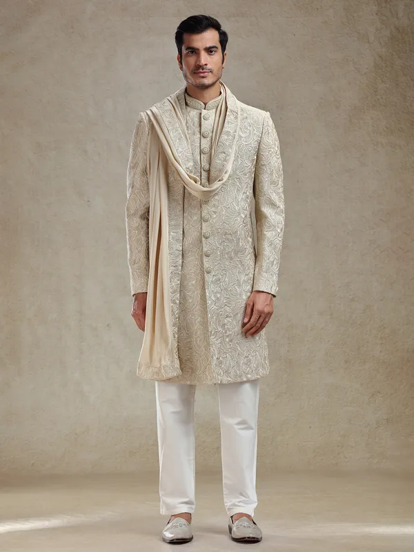 Beige wedding style sherwani set with dupatta
