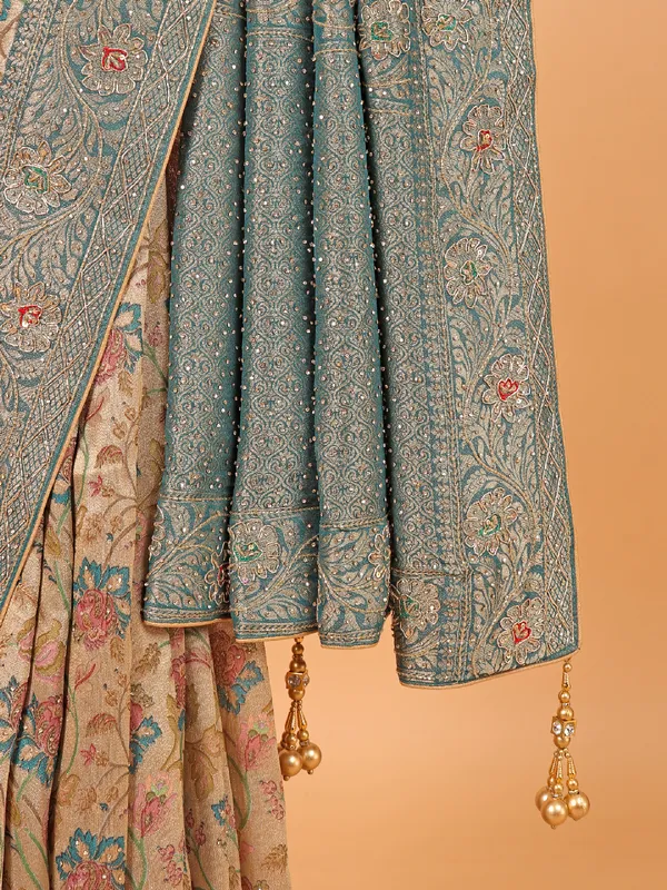 Beige wedding wear dola silk saree