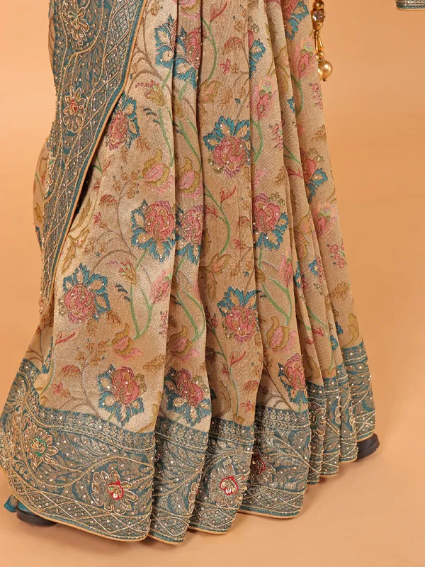 Beige wedding wear dola silk saree