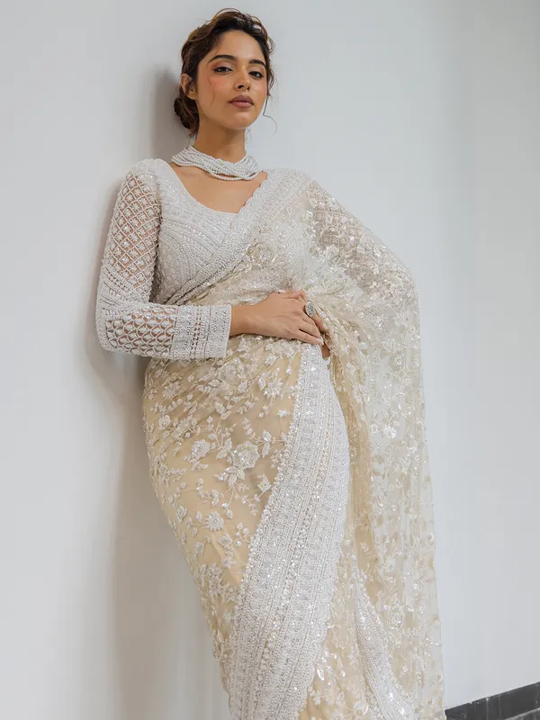 Beige wedding wear saree in soft net