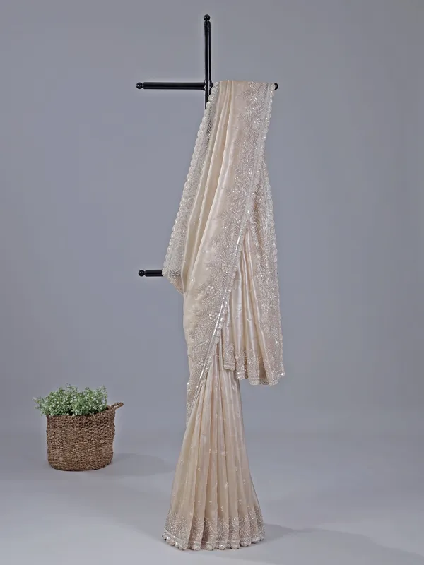 Beige wedding wear saree in soft tissue silk