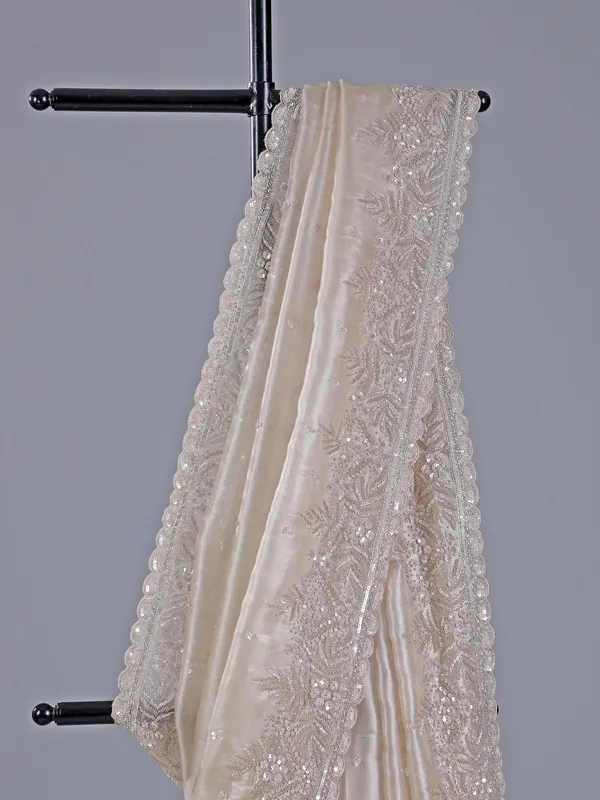 Beige wedding wear saree in soft tissue silk
