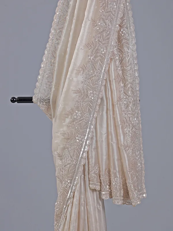 Beige wedding wear saree in soft tissue silk