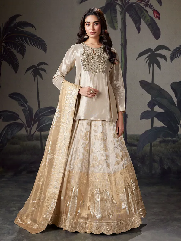 Beige wedding wear silk lehenga choli with dupatta