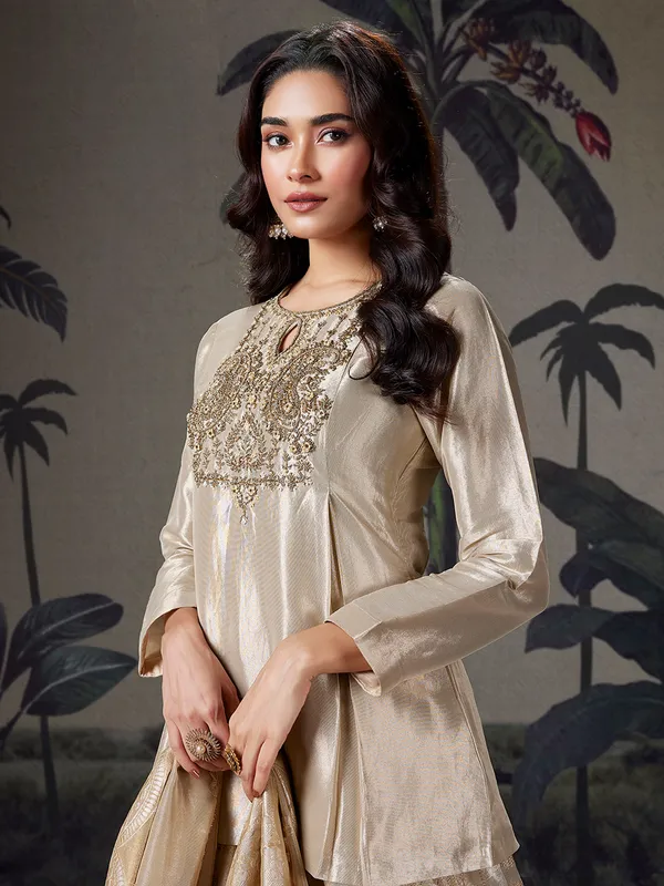 Beige wedding wear silk lehenga choli with dupatta