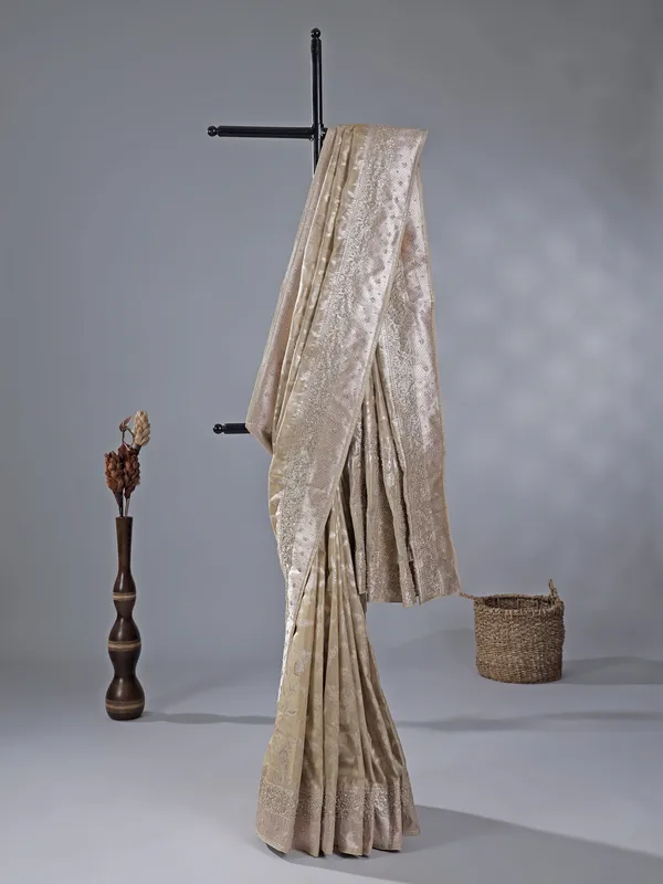 Beige wedding wear silk saree with zari detailing