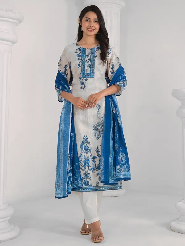 Beige women printed cotton kurti set