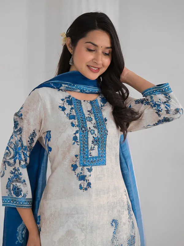 Beige women printed cotton kurti set