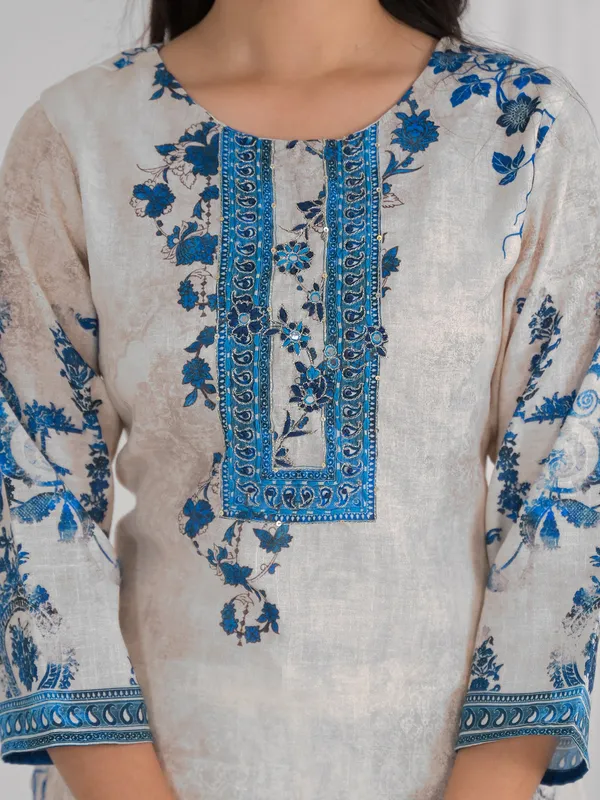 Beige women printed cotton kurti set