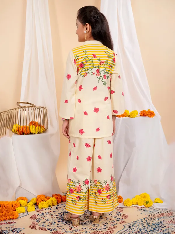 Beige yellow floral palazzo set for girls casual wear
