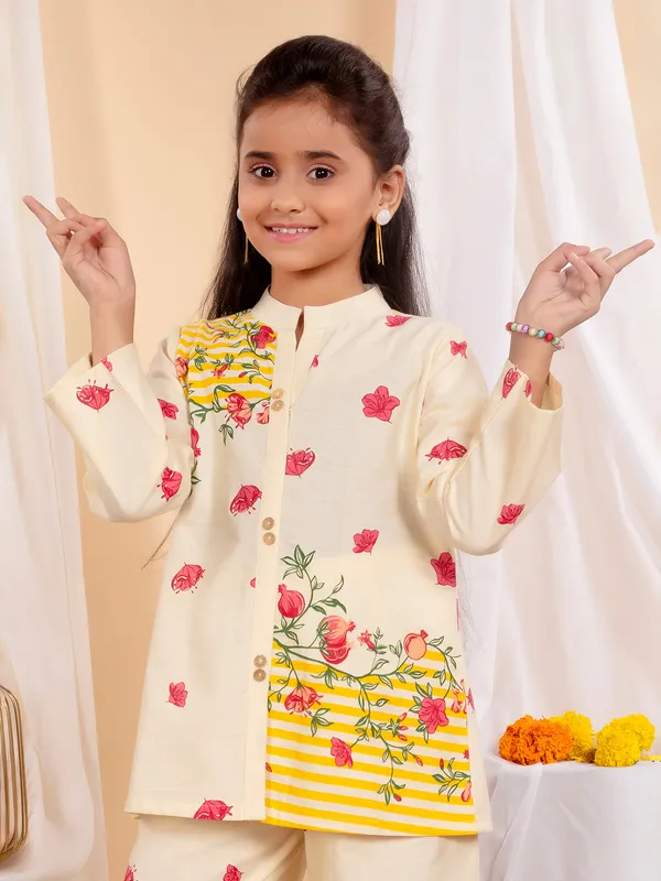 Beige yellow floral palazzo set for girls casual wear